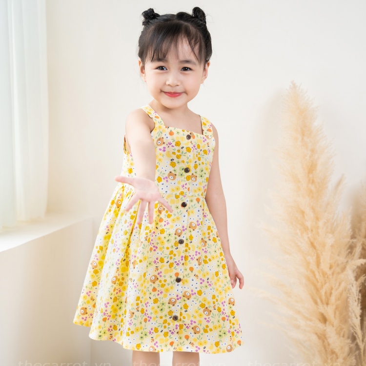 Váy Bé Gái Carrot Hai Dây, Họa Tiết Gấu Teddy Hồng, Teddy Vàng, Chất Liệu Thô Cotton Thấm Hút Mồ Hôi