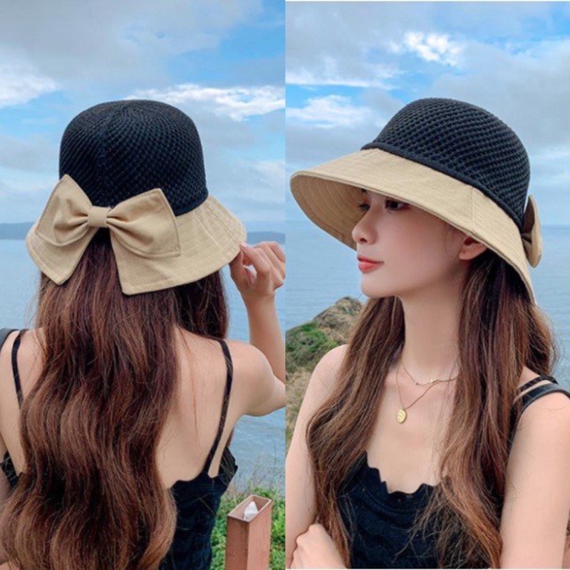 Nón cói viền vải nơ to xinh xắn