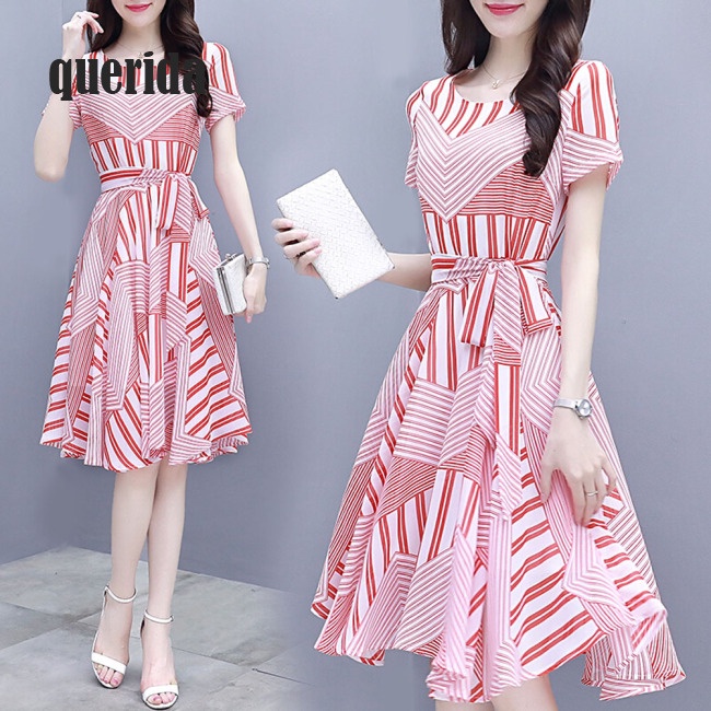 Đầm eo cao ngắn tay phối dây buộc họa tiết kẻ sọc màu hồng cho nữ