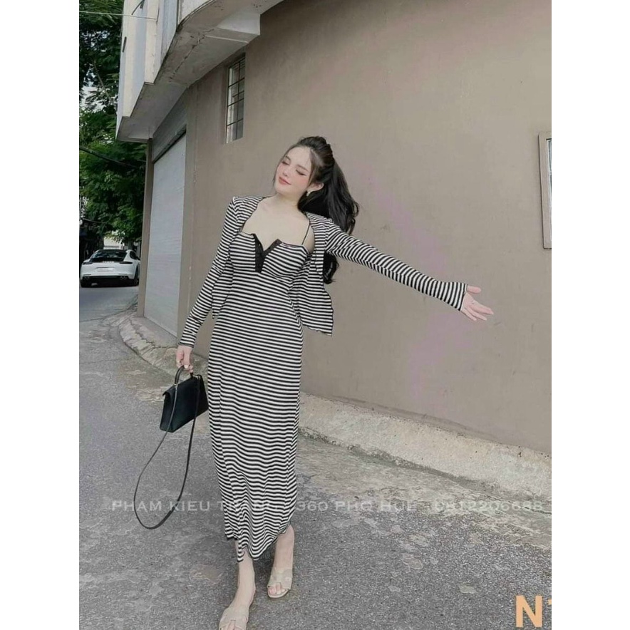 Set đầm thun gân kẻ sọc ngang mặc đi chơi, đầm hai dây dáng suông dài ôm body tôn dáng kèm áo khoác nhẹ kẻ sọc