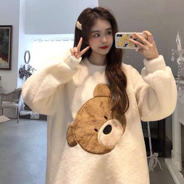 Bộ đồ ngủ bông mặc ở nhà dài tay mùa đông nữ chất lông mềm mịn hình mặt gấu cute dày dặn siêu ấm hàng Quảng Châu-BNB04 | BigBuy360 - bigbuy360.vn