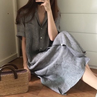 sẵn Đầm sơ mi kẻ sọc oversize - váy bigsize dáng suông dài