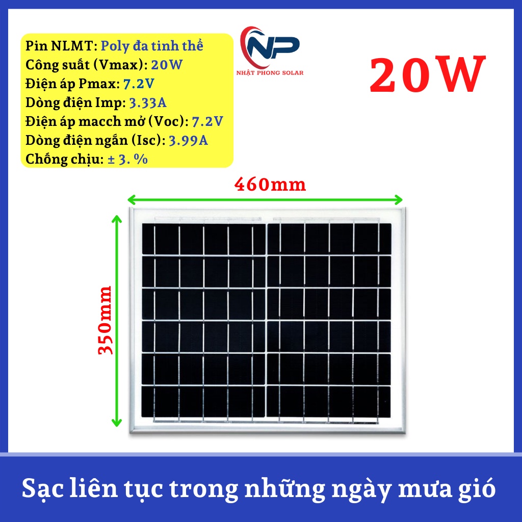 Tấm pin năng lượng mặt trời NHẬT PHONG SOLAR chất liệu Poly đa tinh thể công suất 6V 20W,25W,30W,35W