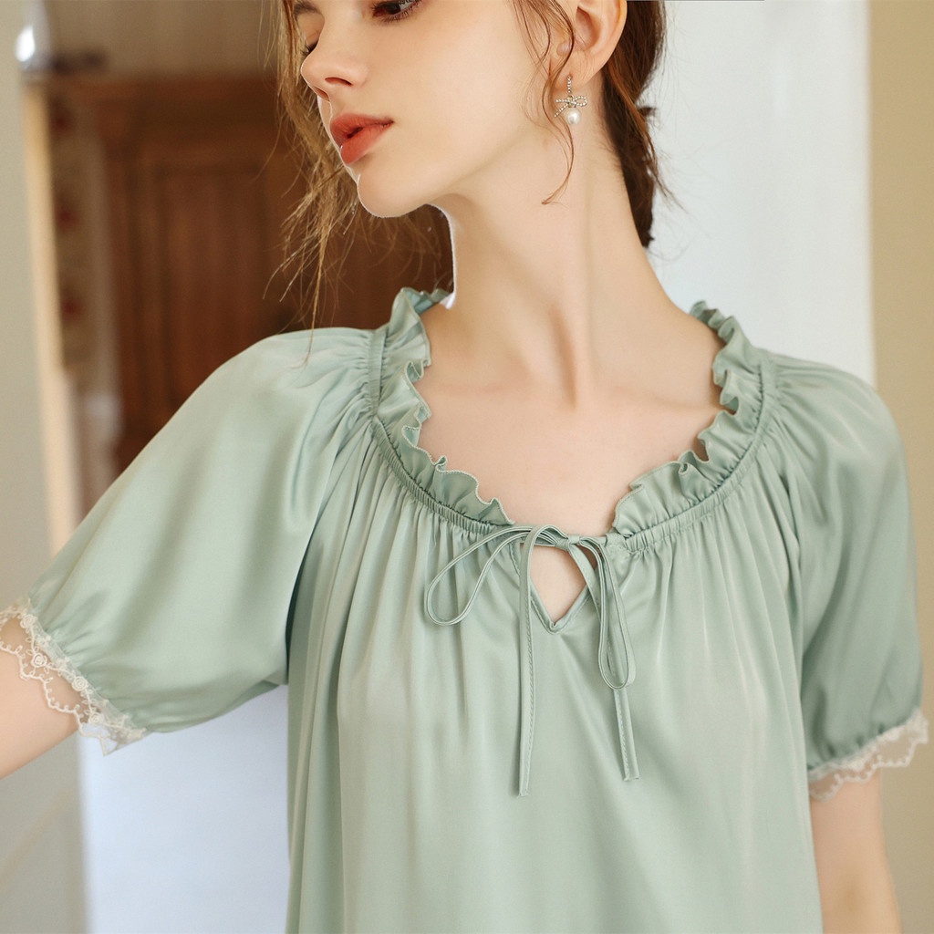 Đầm Ngủ Tay Ngắn Phối Ren Thời Trang Dành Cho Nữ