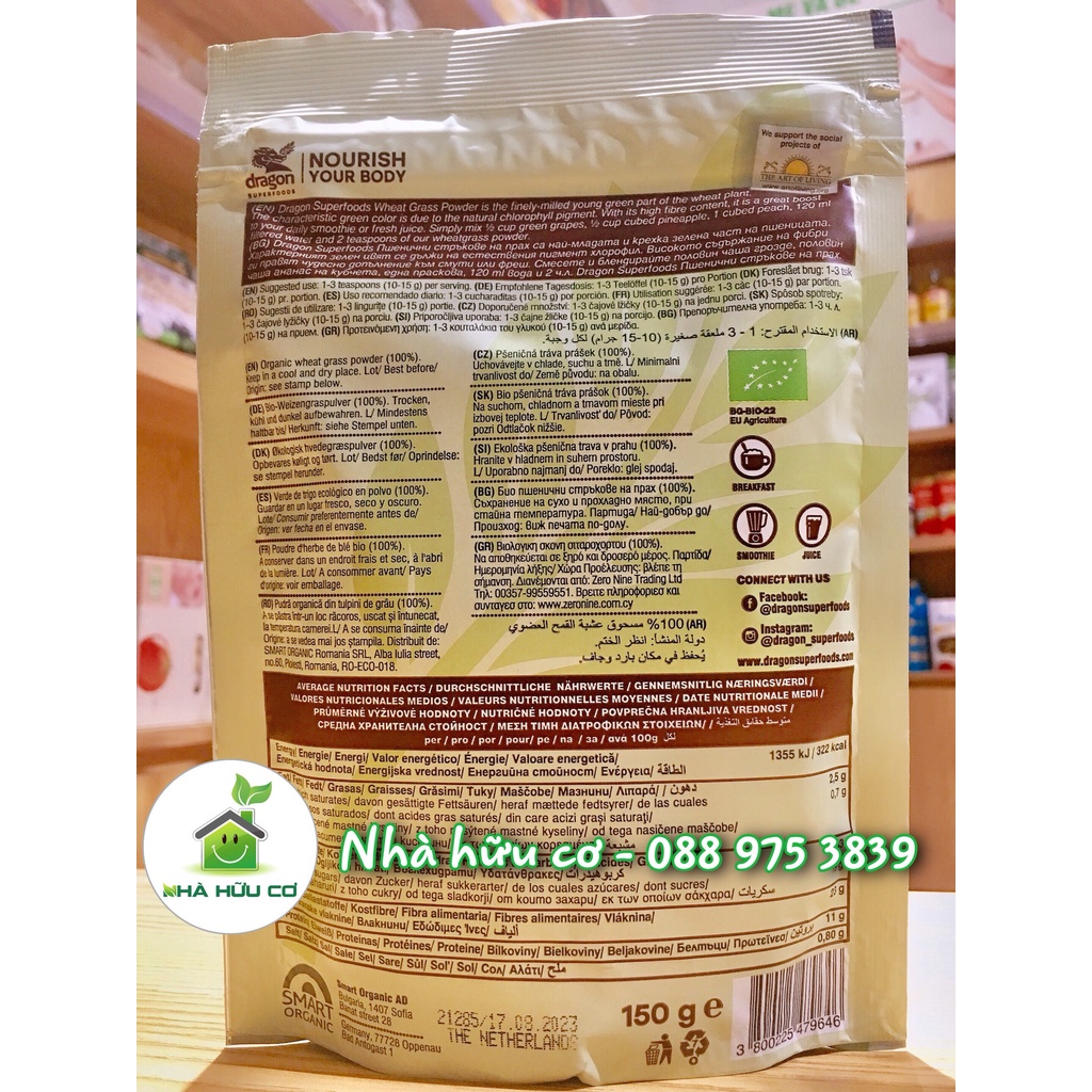 SIÊU THỰC PHẨM - Bột cỏ lúa mì non hữu cơ Dragon Superfoods 150G/50G -Date: 17/8/2023 -  Nhà hữu cơ