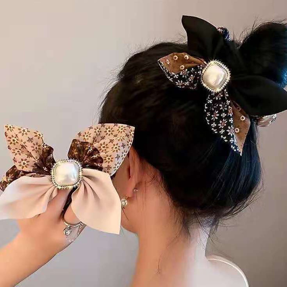 Dây Buộc Tóc Cao Su Co Giãn Thắt Nơ Hoa Đính Ngọc Trai Giả Kiểu Pháp Thanh Lịch Cho Nữ