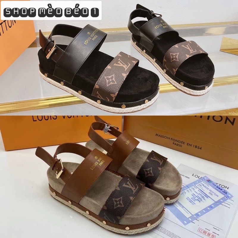 Sandal lv đế cói viền đinh quai ngang fullbox