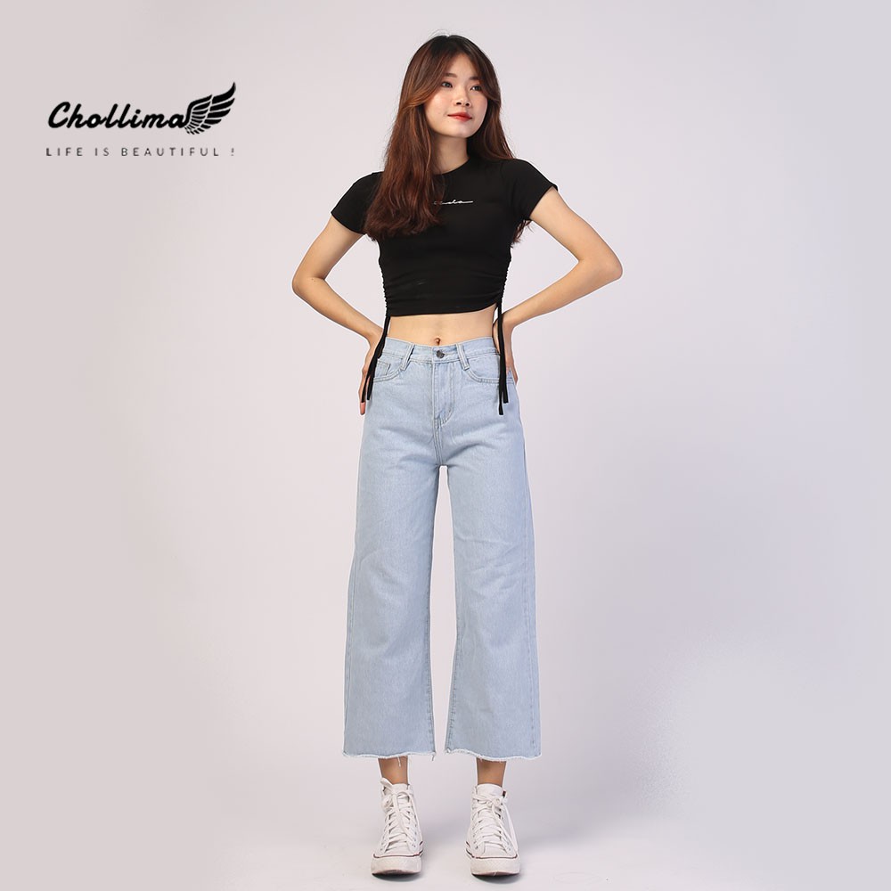 Quần jeans baggy nữ Chollima ống rộng trơn tua lai màu trắng bạc QD014 phong cách hàn quốc