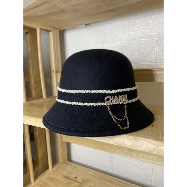 Mũ cụp dạ đai đá táp chnel xích đen cho nữ2022
