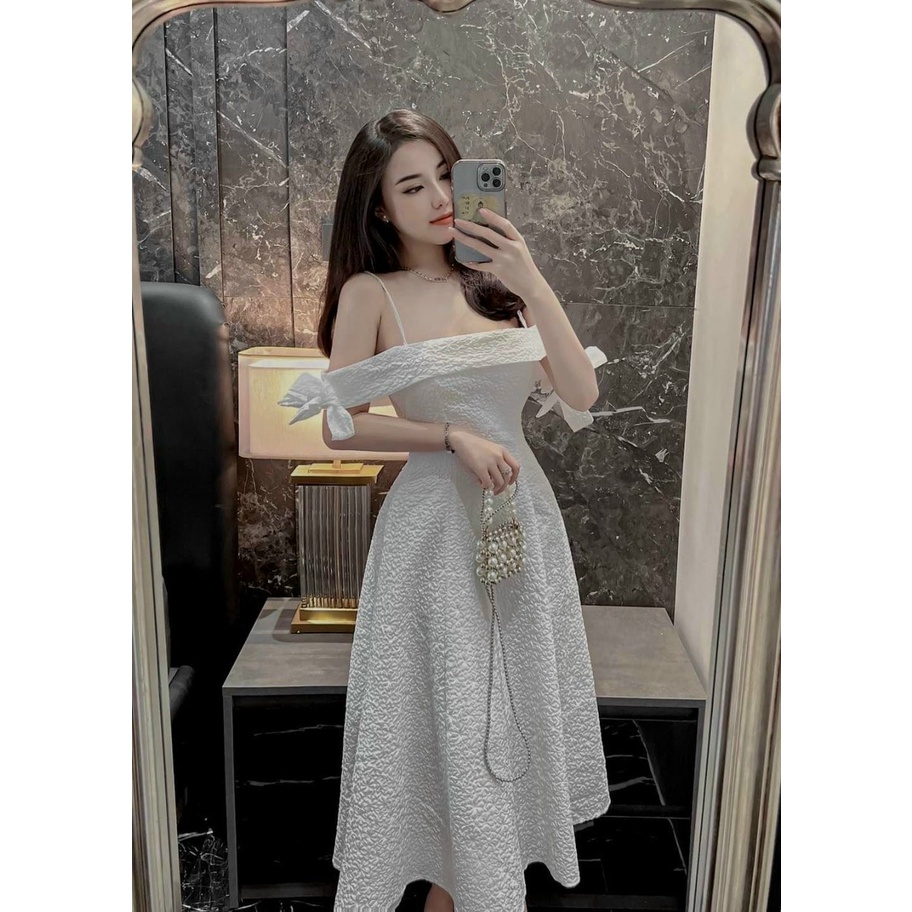 Đầm váy nữ maxi trễ vai xếp ly xốp đơn giản, xinh xắn dành cho các tiểu thư đi chơi, dự tiệc