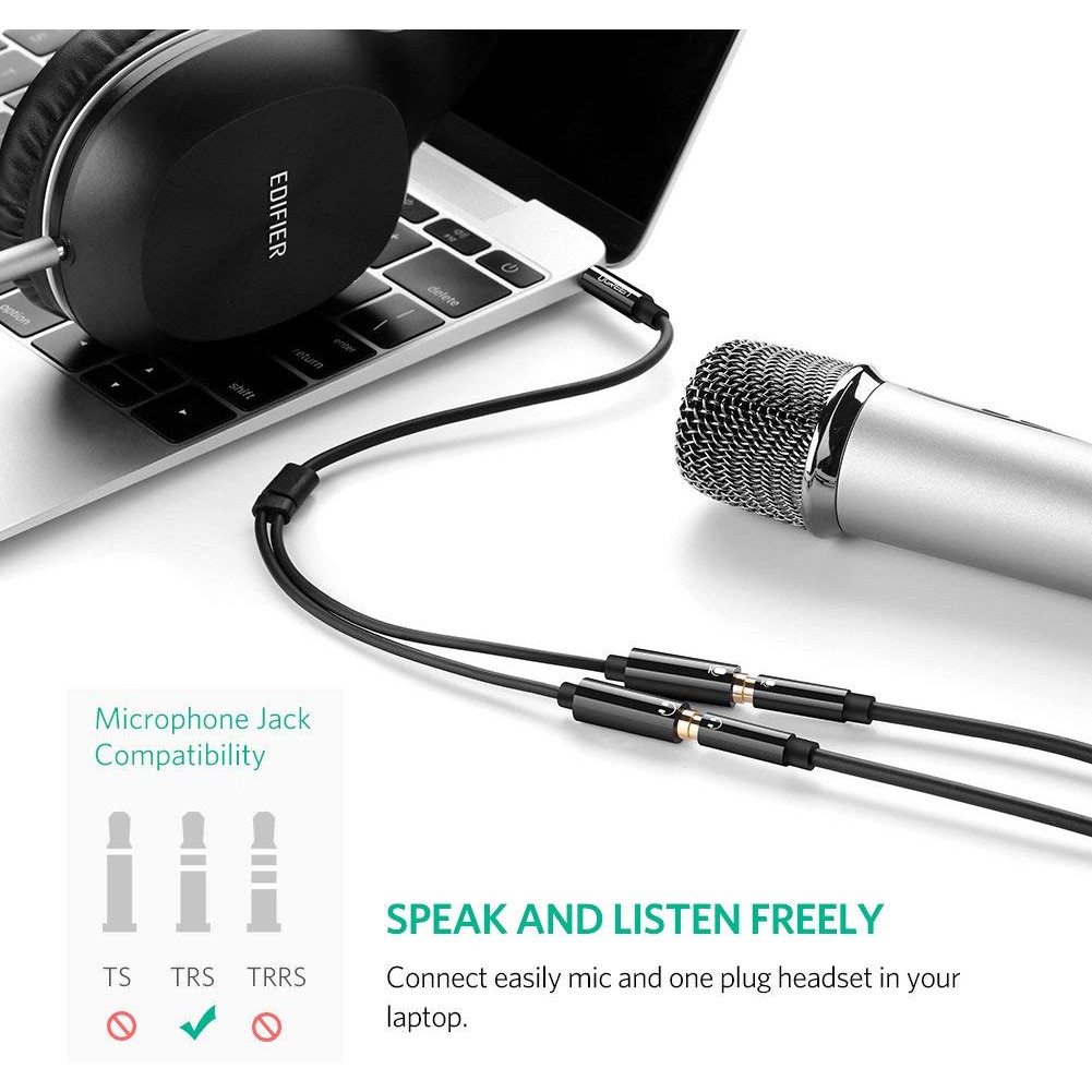 Dây chuyển đổi 3.5mm sang hai đầu 3.5mm cái (Hỗ trợ mic + tai nghe) dài 20cm UGREEN AV141