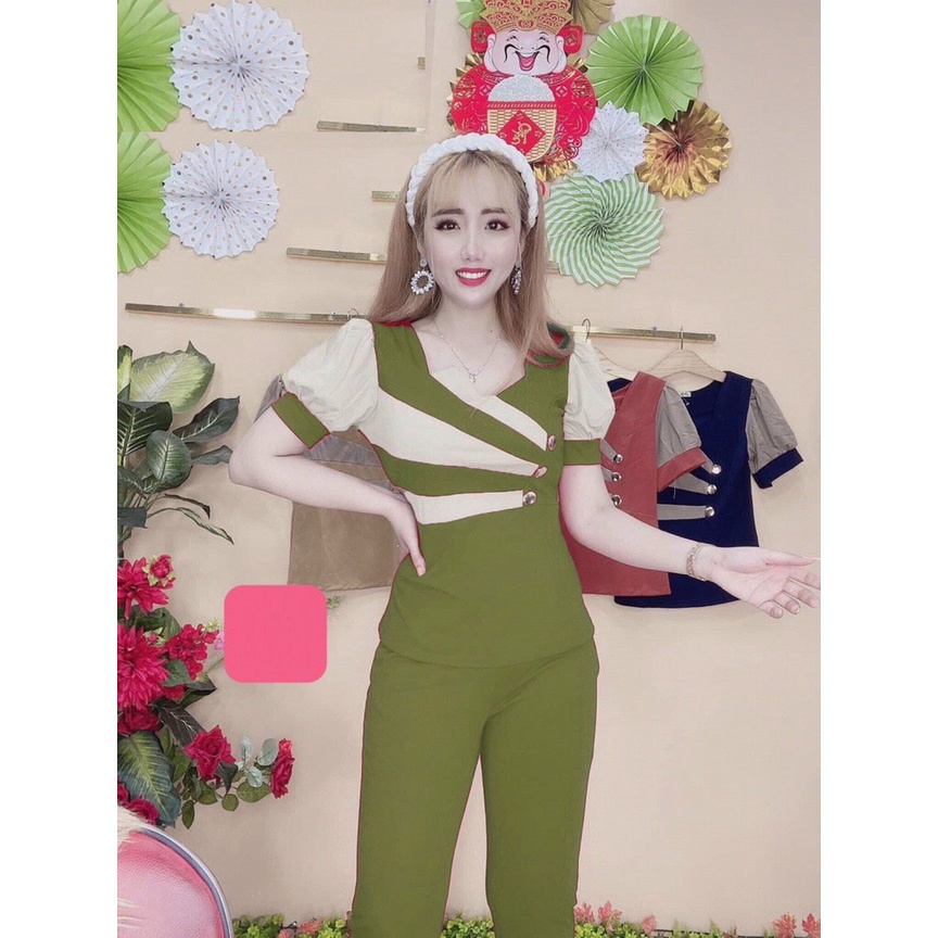 Set bộ thời trang nữ mặc nhà 4 mùa chất cát hàn 2 da phối màu form ôm tay phồng-CHVV1