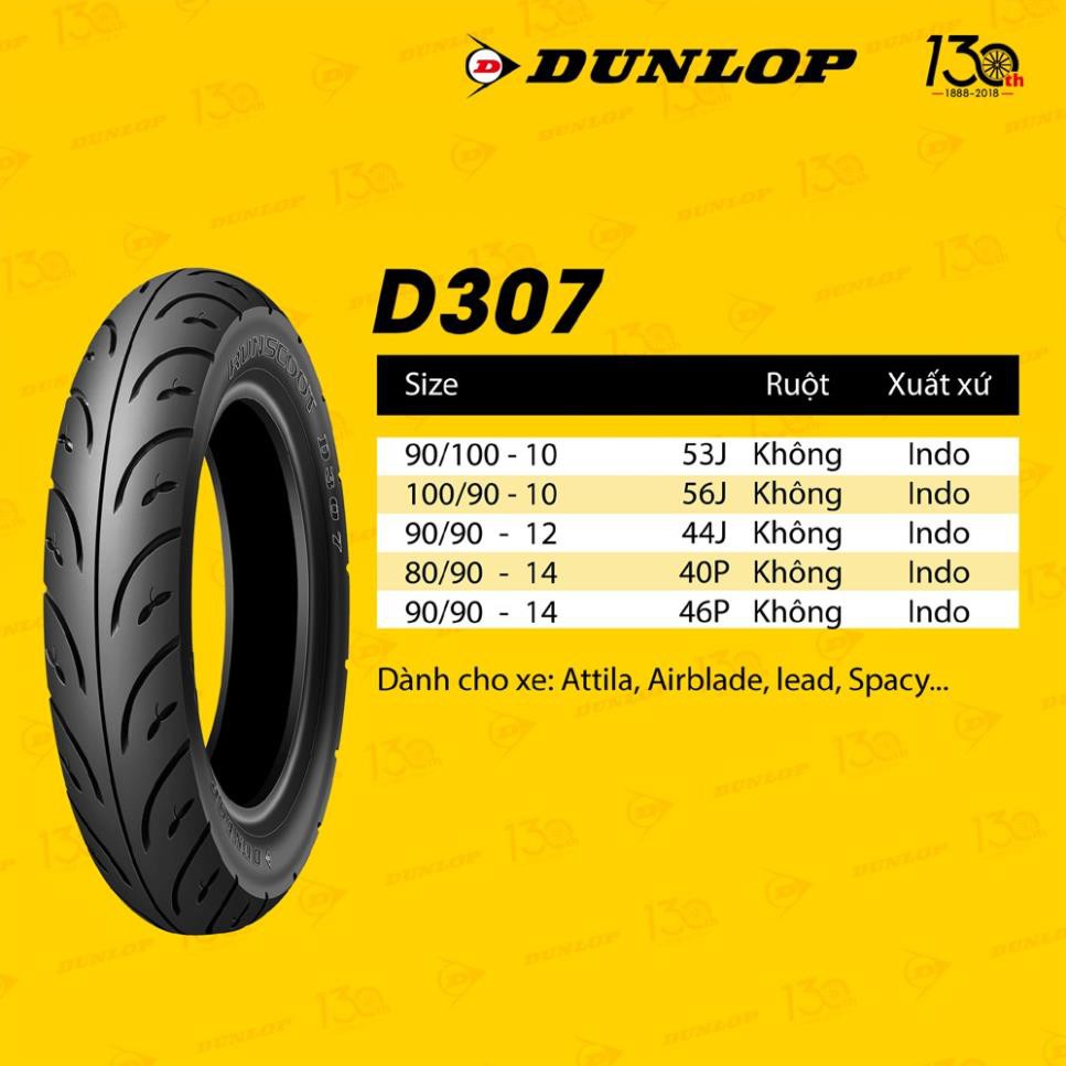 Lốp ( Vỏ )  xe Lead Dunlop D307 trước 90/90-12 TL hoặc sau 100/90-10 TL _ Lốp Trung Thành