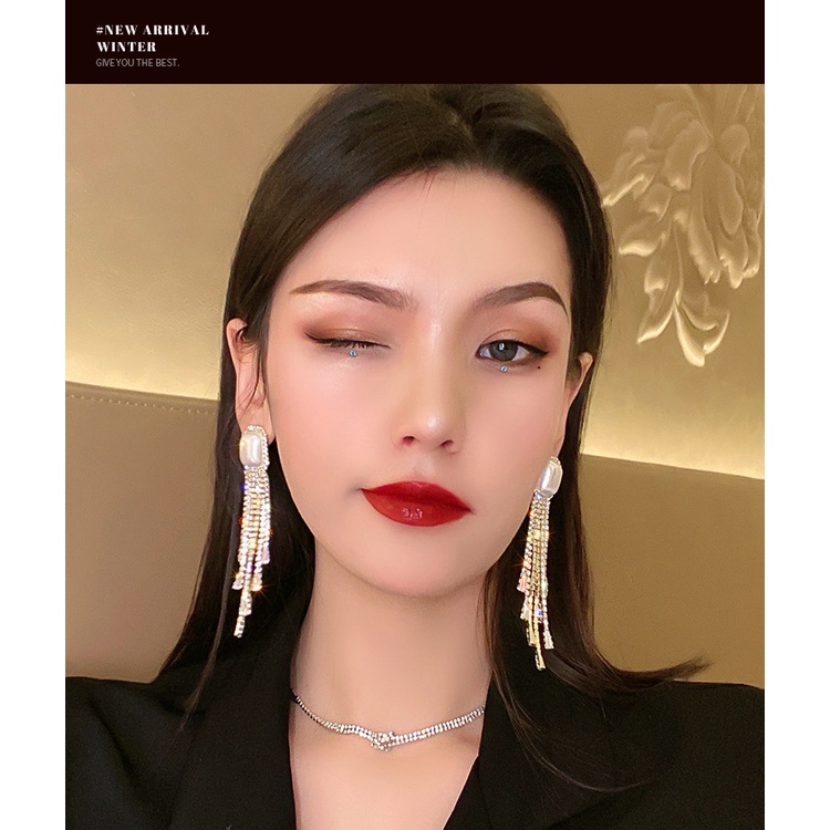 Bông Tai Bạc 925 Dáng Dài Đính Kim Cương Lấp Lánh Phong Cách Hàn Quốc Mới