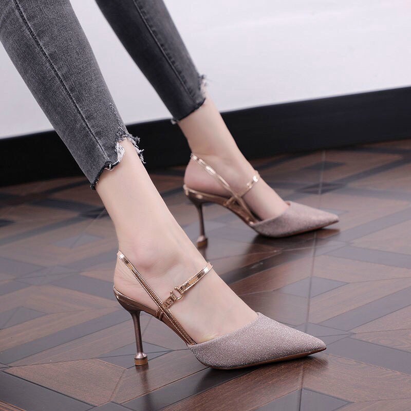 FREESHIP Giày cao gót nữ bít mũi da kim tuyến gót 7p siêu hot M17