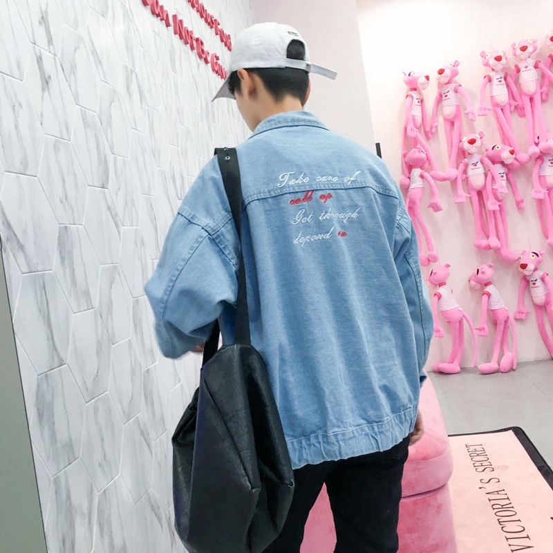 Áo khoác Denim dáng rộng thêu hoa và chim hạc kiểu Hàn Quốc cá tính cho học sinh