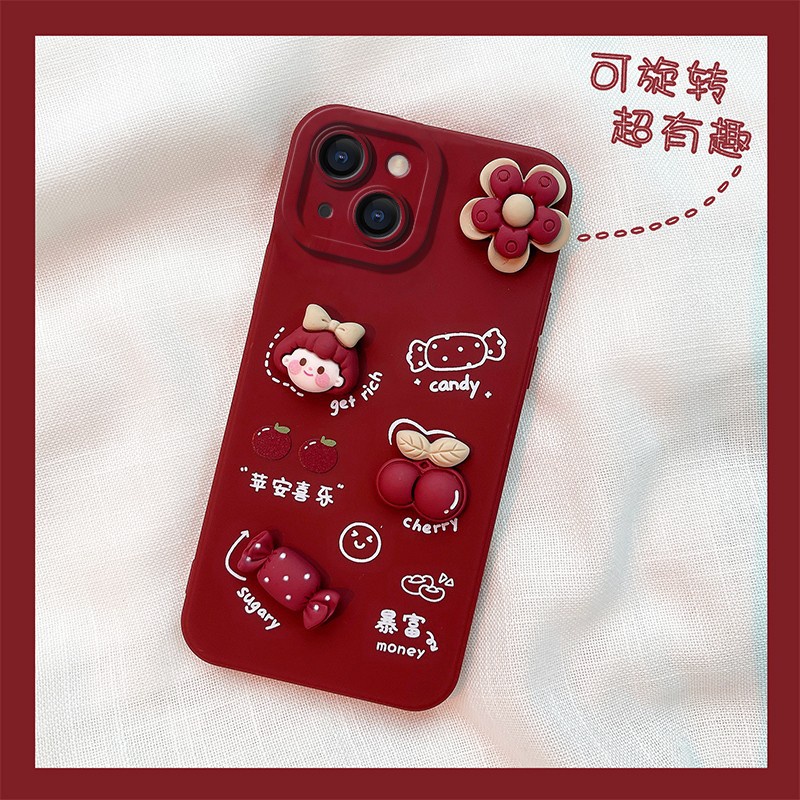 Ốp lưng Iphone đỏ rượu style Hàn gắn charm đỏ cherry cho 13Promax/13Pro/13/12Promax/..../6Plus/6