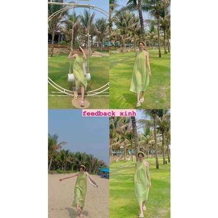 ĐẦM LILY - Đầm Nữ Yếm Cổ Đan, Màu Xanh Cốm, Maxi Đi Biển