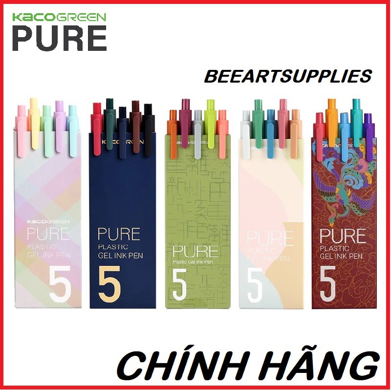 Bộ 5 Bút Bi Gel Kaco Pure Size 0,5mm Siêu Mịn không tắc mực