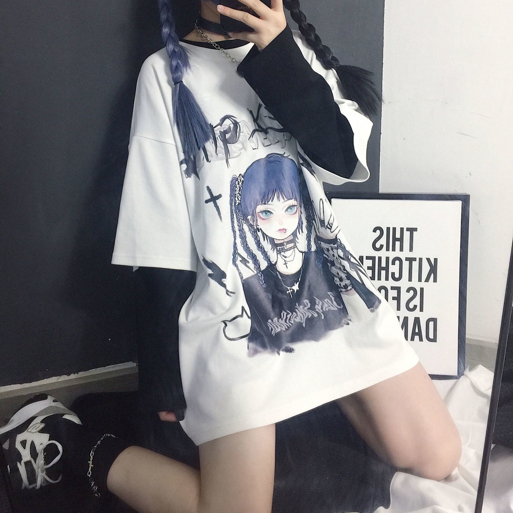 2022 New Hip-hop Short-sleeved Female Gothic Summer Harajuku Style JK Loose Dark Black Anime Large Size Top Ins Shirt