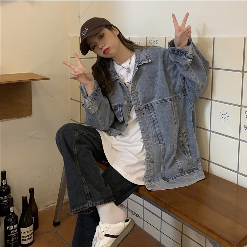 IELGY    Áo Khoác denim Tay Dài Dáng Rộng Màu Xanh Dương Sang Trọng Cho Nữ