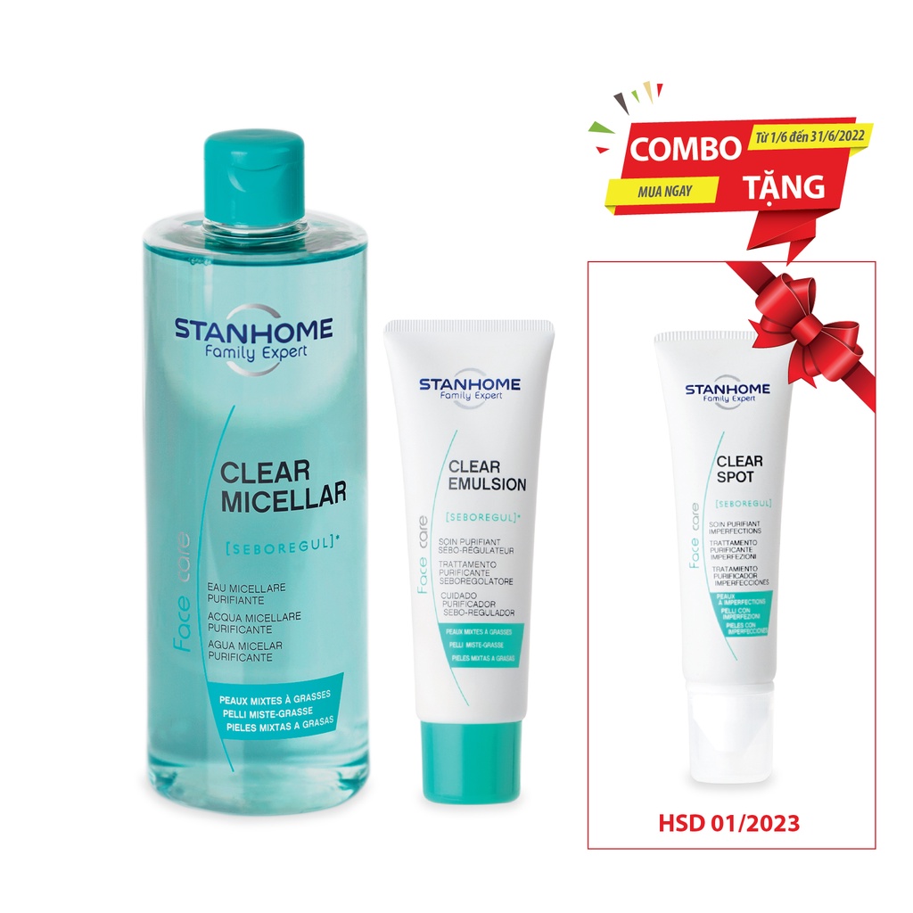 Bộ Sản Phẩm Chăm Sóc Da Dầu Mụn Stanhome Family Expert Clear Micellar 400ml/chai và Clear Emulsion 40ml/tuýp
