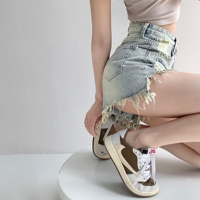 Porozi  Quần short jean denim rách lưng cao thời trang Hàn Quốc cho nữ