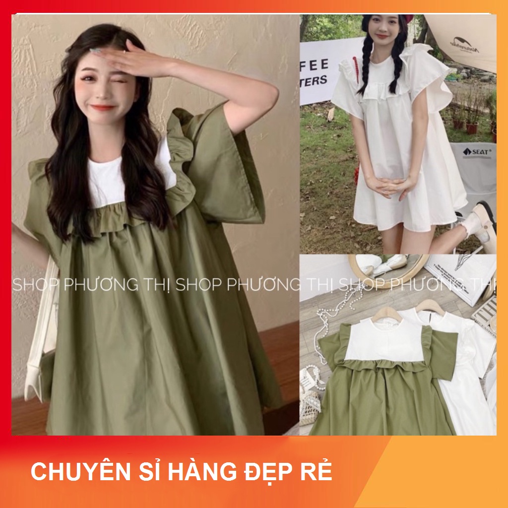 Váy babydoll cánh tiên phong cách ulzzang màu trắng/xanh rêu (hàng sẵn)