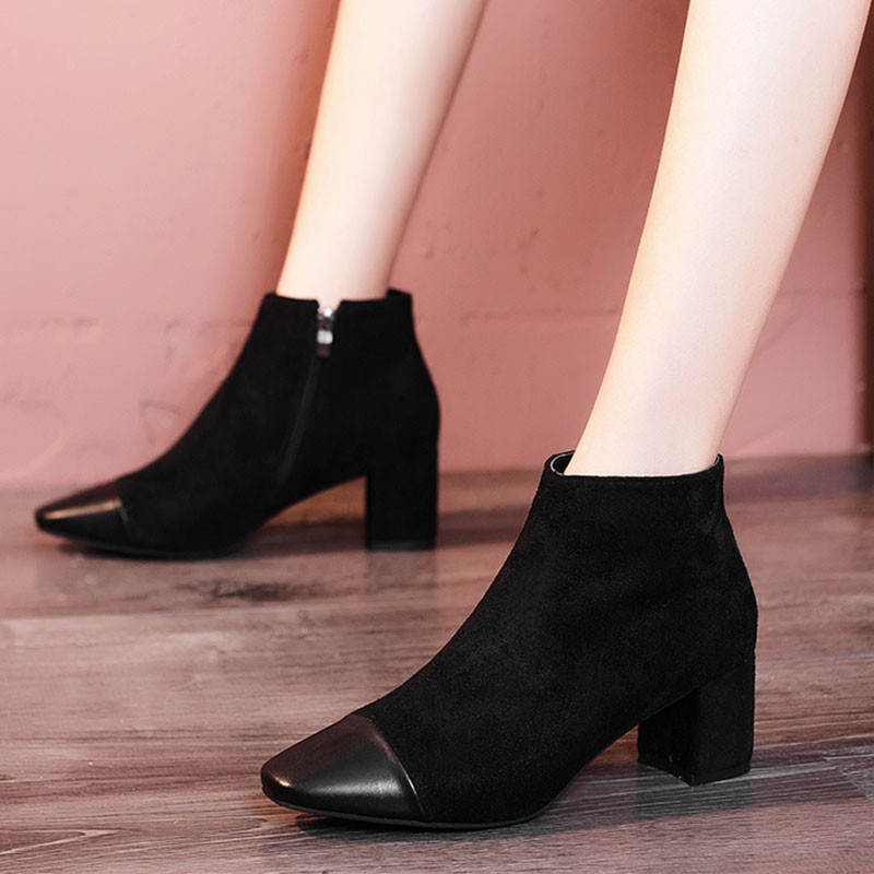 🌺Boot Nhung Cao Gót B57/ Mũi Giày Phối Da, Đế Vuông Cao 7cm
