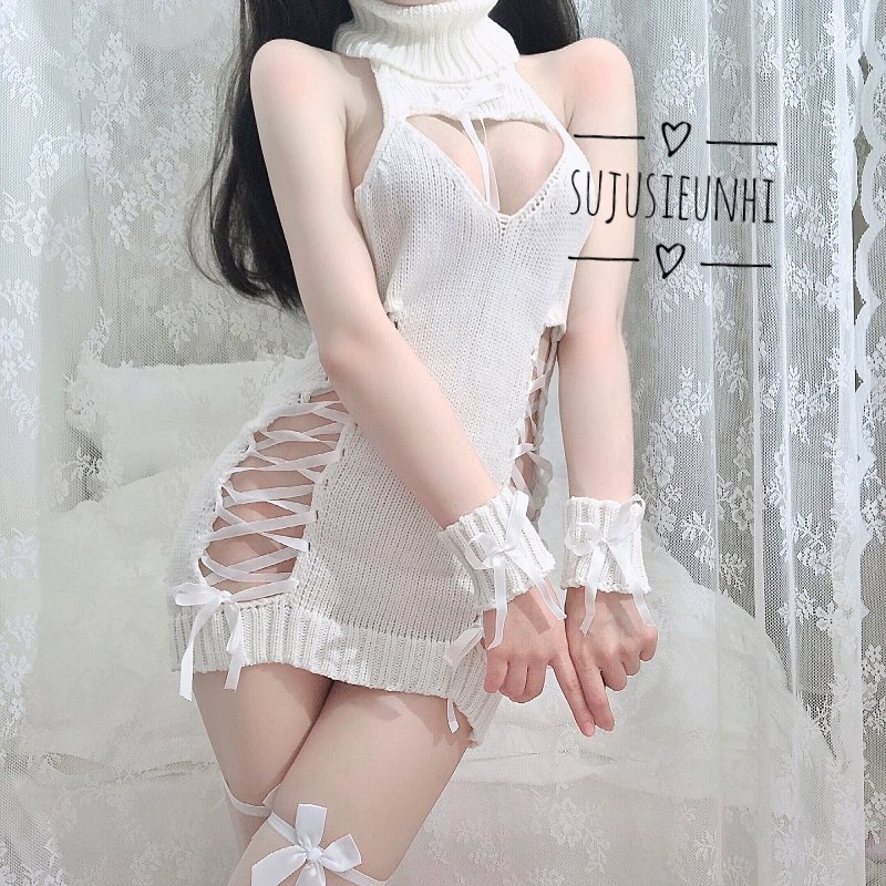 ( 2 màu) Set váy ngủ len khoét ngực buộc dây sexy 2 màu đen trắng