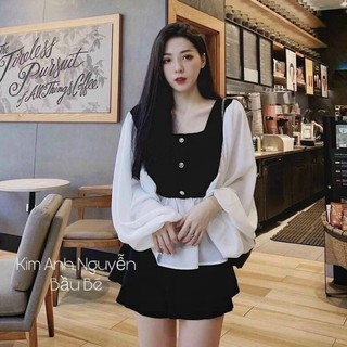 Áo tay phồng cổ vuông phối nút xinh xắn PC❤