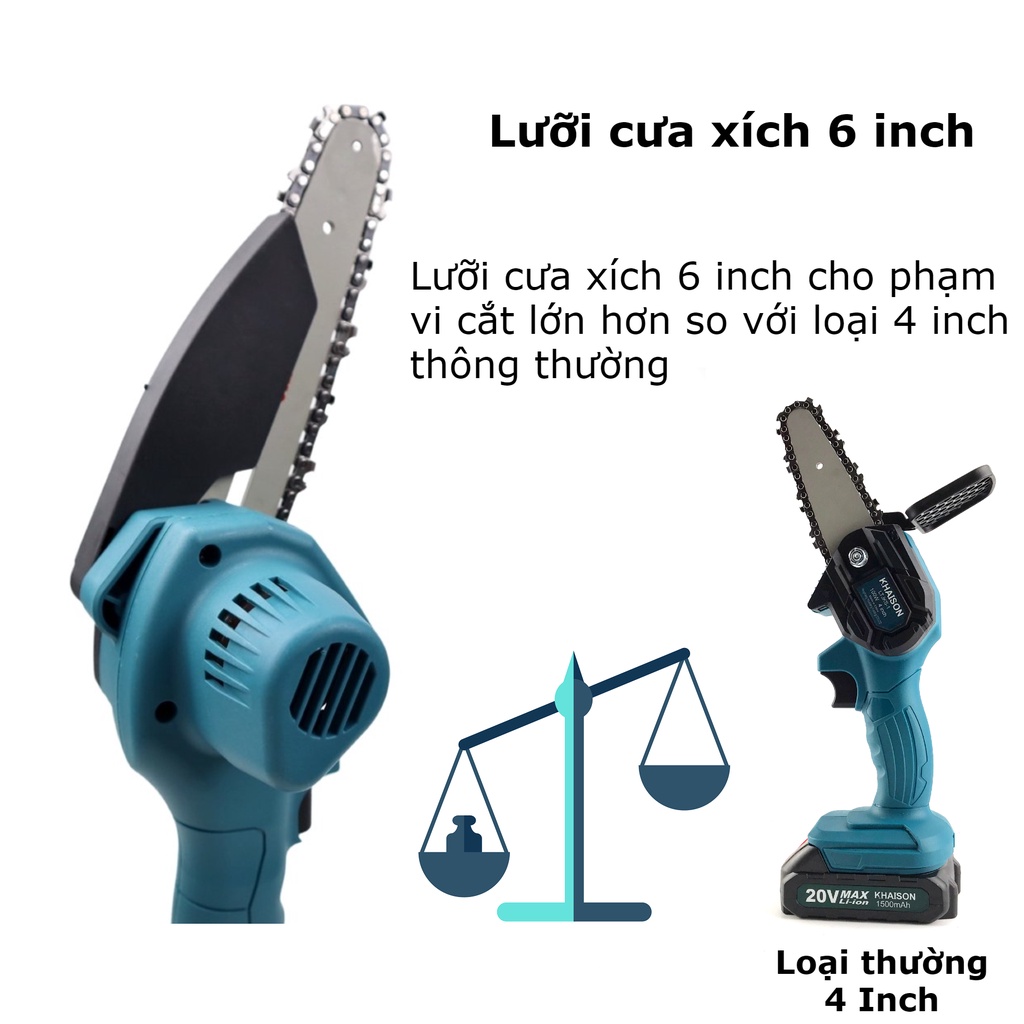 Máy cưa xích cưa gỗ cầm tay 6 inch 20v không chổi than Khaison bộ 2 pin