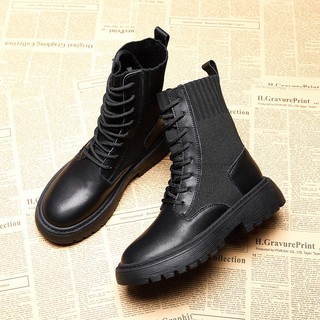 Giày boot nữ cổ cao cột dây đế bằng hàn quốc