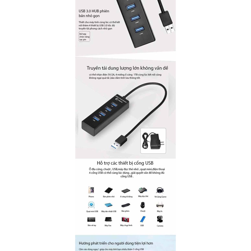 Thiết bị chia 4 cổng tốc độ truyền tải cao USB3.0 HUB sạc pin nhanh đen