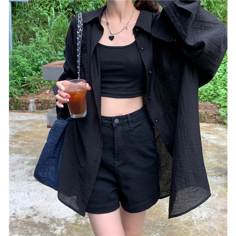「MOTEL7」Áo Cardigan Tay Dài Dáng Rộng Màu Đen Chống Nắng Thời Trang Mùa Hè Cho Nữ