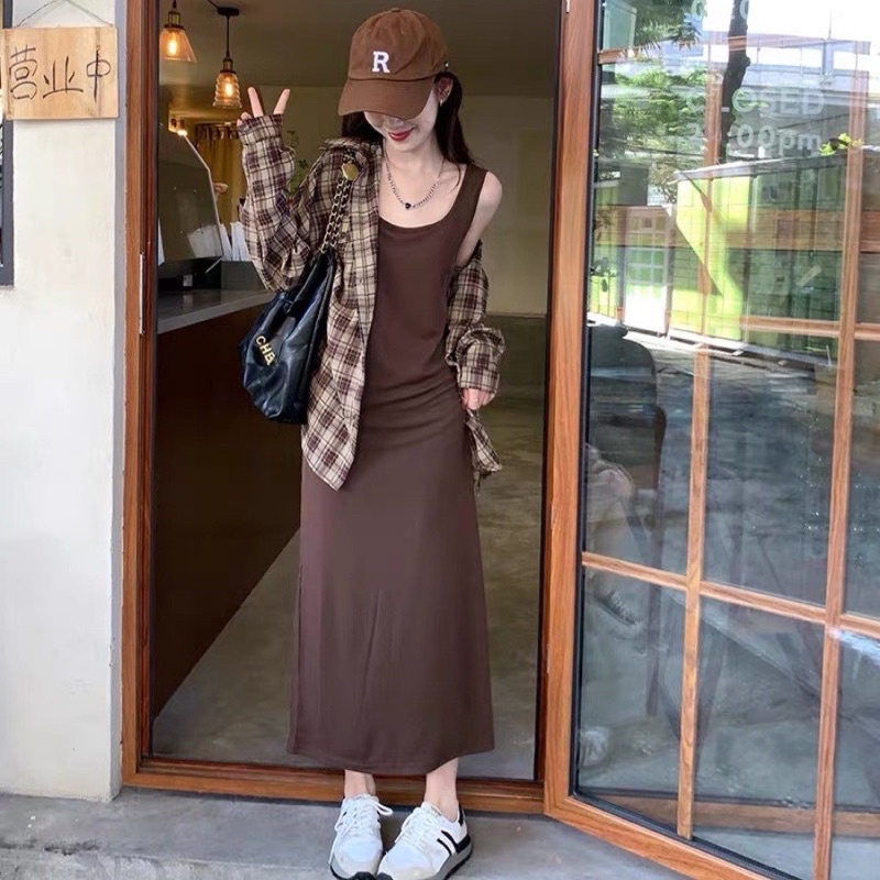 [301] Set 2 Món Váy Maxi Nâu Mix Áo Sơmi Kẻ Cá Tính Có Ảnh Thật