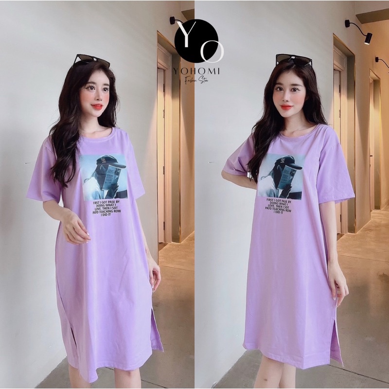 Đầm thun suông bigsize cho nữ tay lỡ cổ tròn xẻ tà form từ 50-75kg nhiều màu