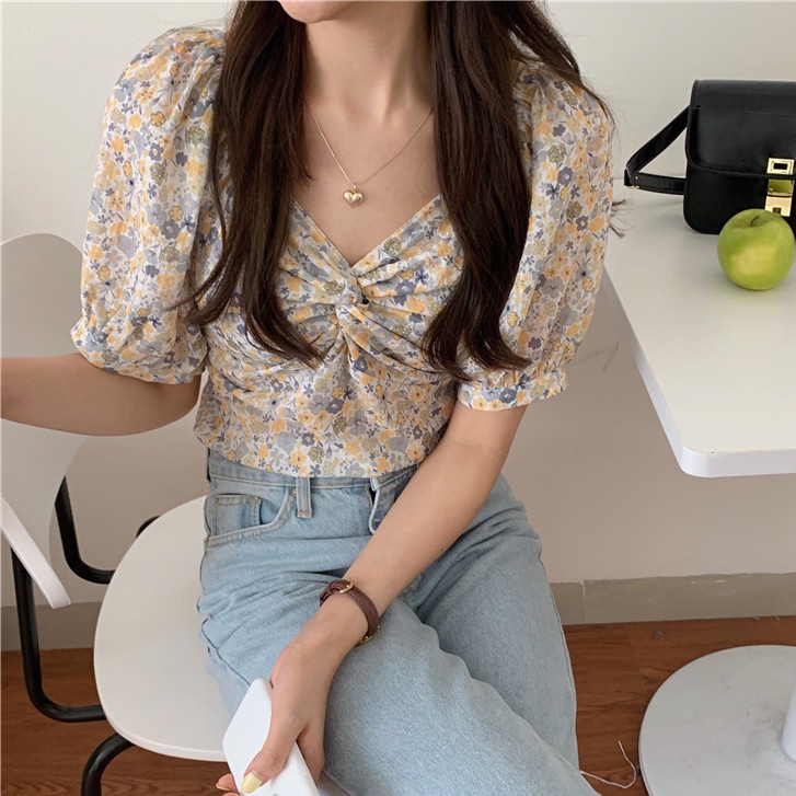 SUXI Áo Croptop Tay Phồng Cổ Vuông Họa Tiết Hoa Xinh Xắn Cho Nữ