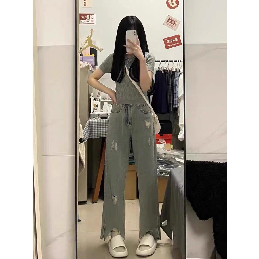 Quần jeans nữ ống loe nhẹ, rách gấu màu xanh nhạt phong cách cá tính Hàn Quốc- kèm ảnh thật