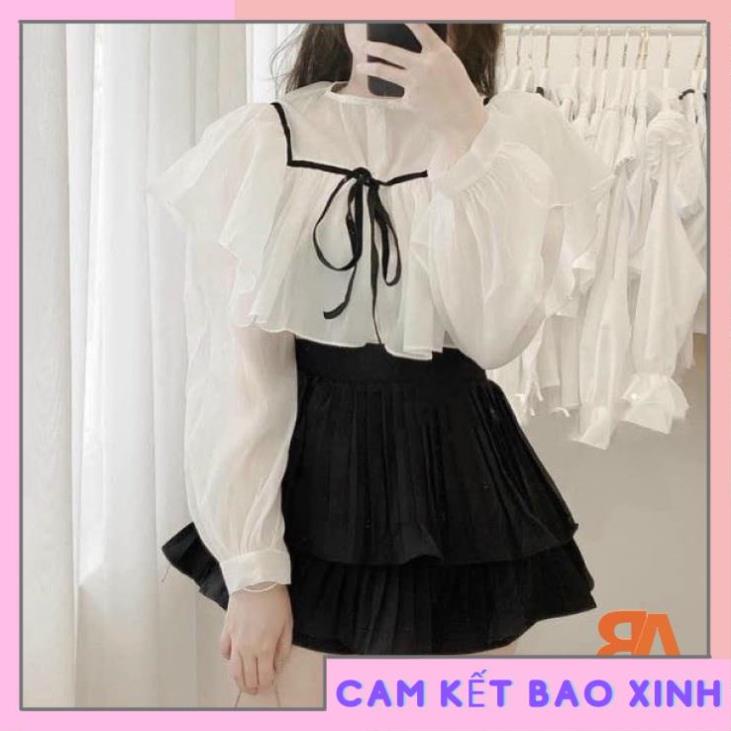 Áo kiểu nữ chất vải Voan tay phồng kẻ viền phối nơ cổ [Hàng Đẹp]