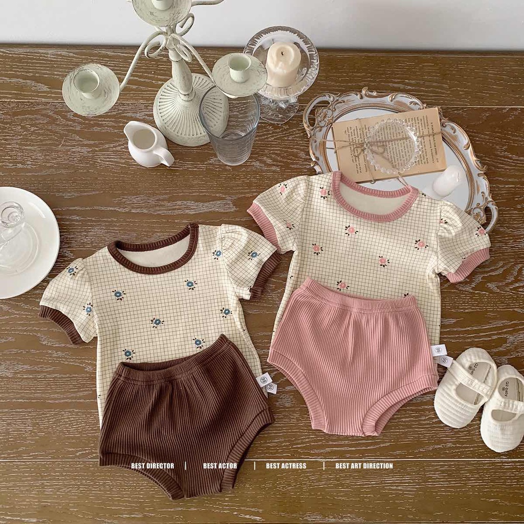 Set Đồ Mùa Hè 2 Món Gồm Áo Tay Cộc In Họa Tiết Hoa + Quần Ngắn Phong Cách Hàn Quốc Cho Bé Gái 0 -