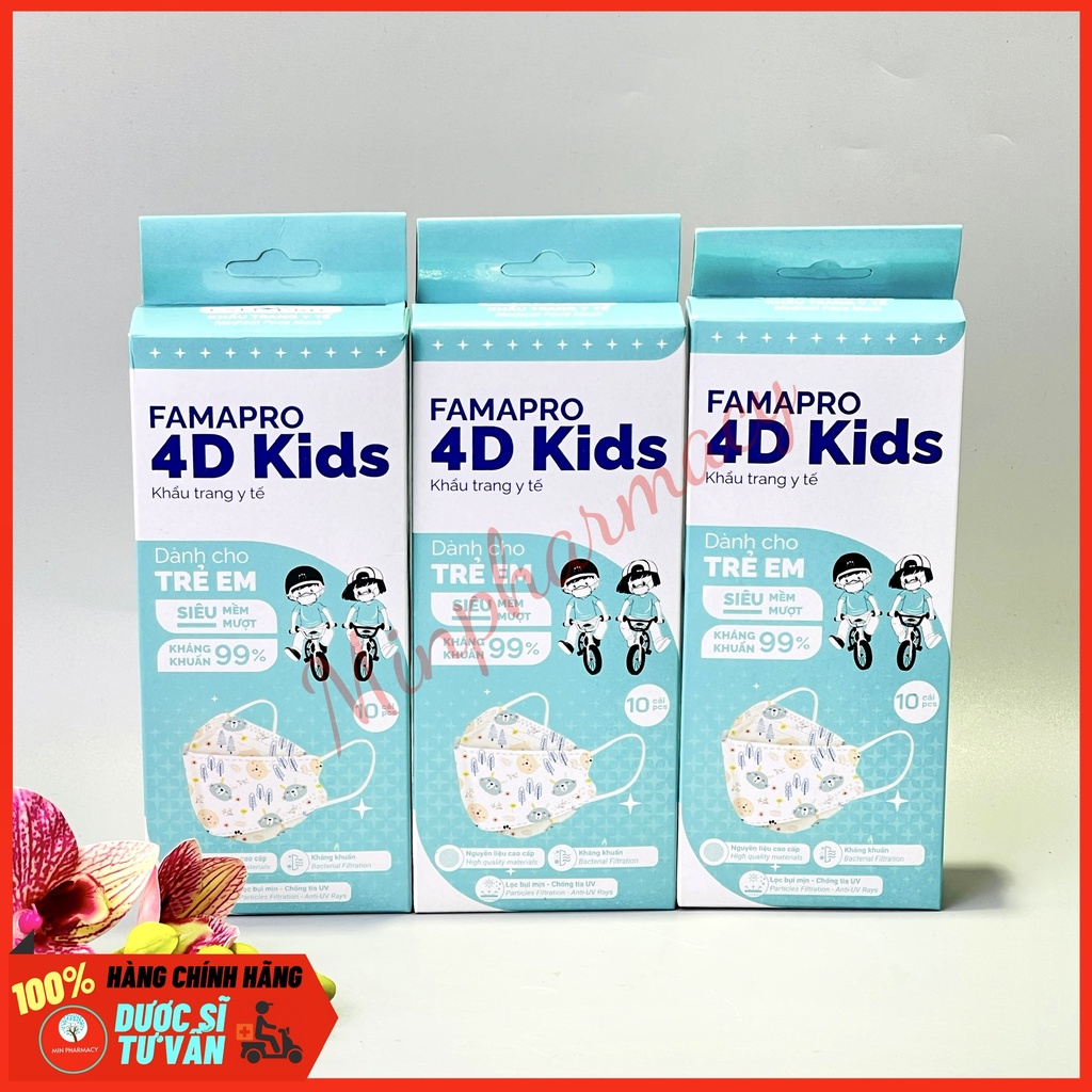 Khẩu trang y tế kháng khuẩn cho bé FAMAPRO 4D kids cho bé từ 4-10 tuôi (Hộp 10 cái hoạ tiết siêu dễ thương) - Minpharmac