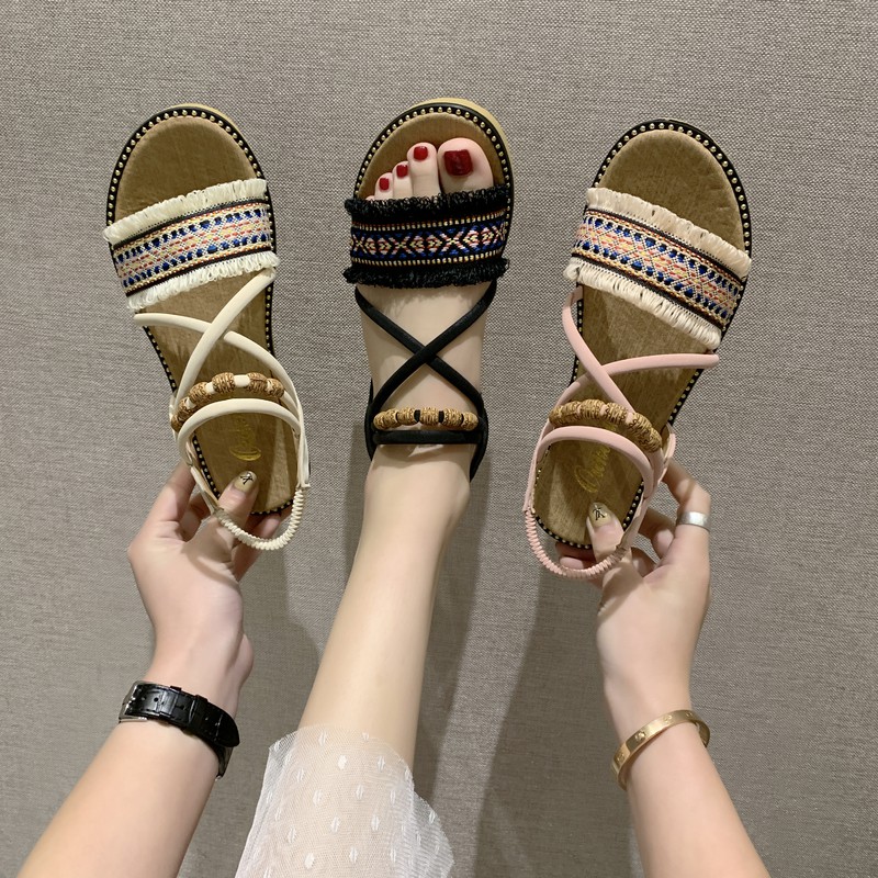 Giày sandal đế bằng đan dây phong cách Bohemian thiết kế độc đáo thời trang cho nữ