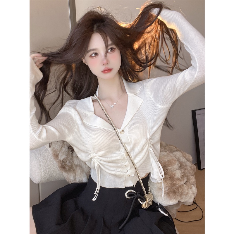 Áo croptop ZHELIHANGFEI dệt kim tay dài cổ polo phối dây rút phong cách trẻ trung thời trang quyến rũ cho nữ