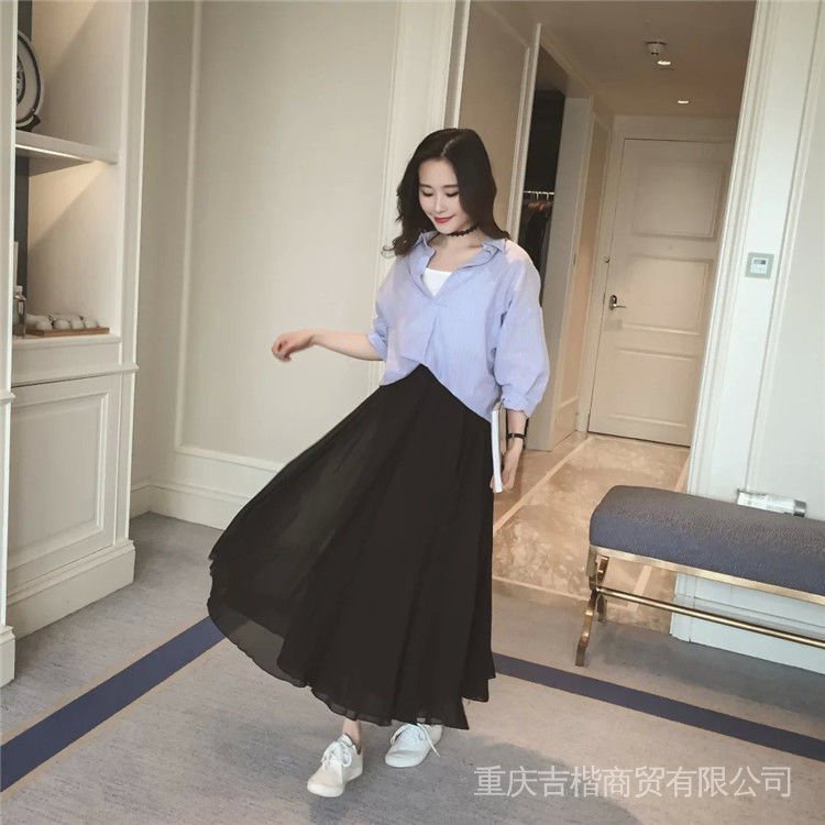 Spring and Summer chiffon double-layer large-swing skirt long skirt anti-penetration small fresh large size high waist ethnic style student dress