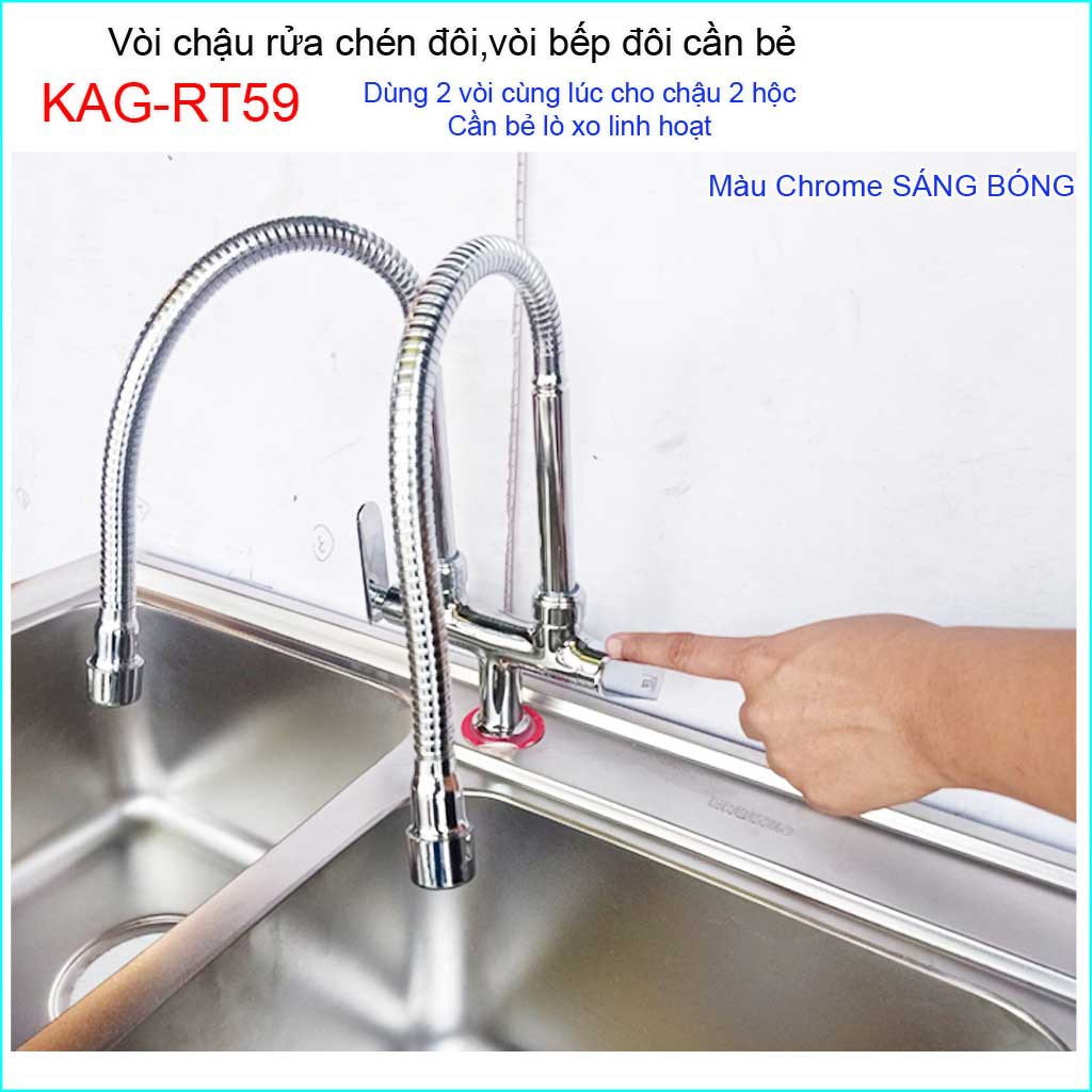 Vòi rửa chén đôi lò xo KAG-RT59, vòi rửa chén lạnh cần bẻ, vòi chậu 2 hộc, vòi rửa chén bát lò xo nước mạnh sử dụng tốt