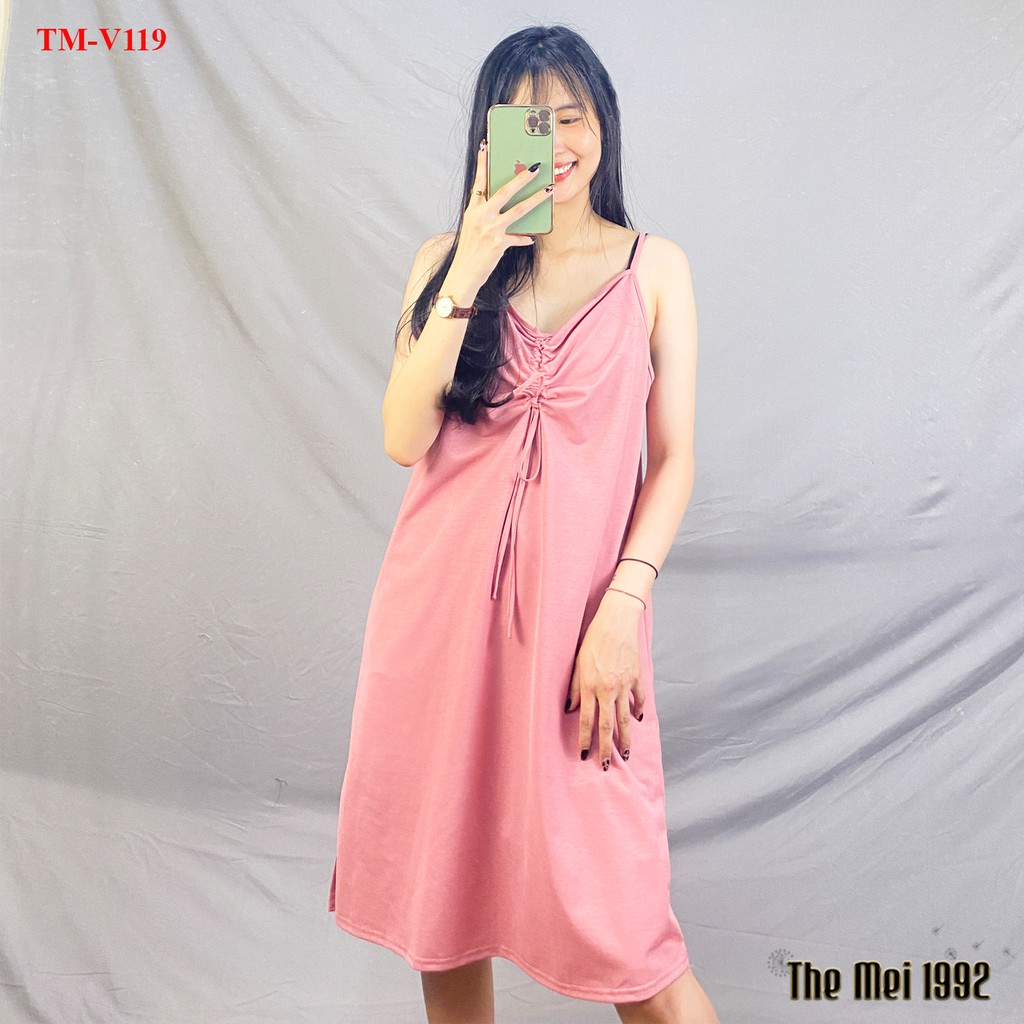 Đầm váy 2 dây nữ The Mei 1992 - Váy hai dây dáng suông cao cấp chất cotton mát rúm ngực xẻ tà siêu xinh | BigBuy360 - bigbuy360.vn
