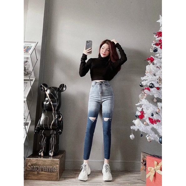 Quần jeans loang rách 3 cạp cao hàng đẹp dáng chuẩn, quần bò dãn sịn