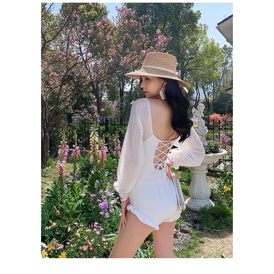 Bikini trắng một mảnh hàn quốc tay voan dài xinh đẹp, du lịch, đồ bơi, đố đi biển, tắm hồ resort cao cấp