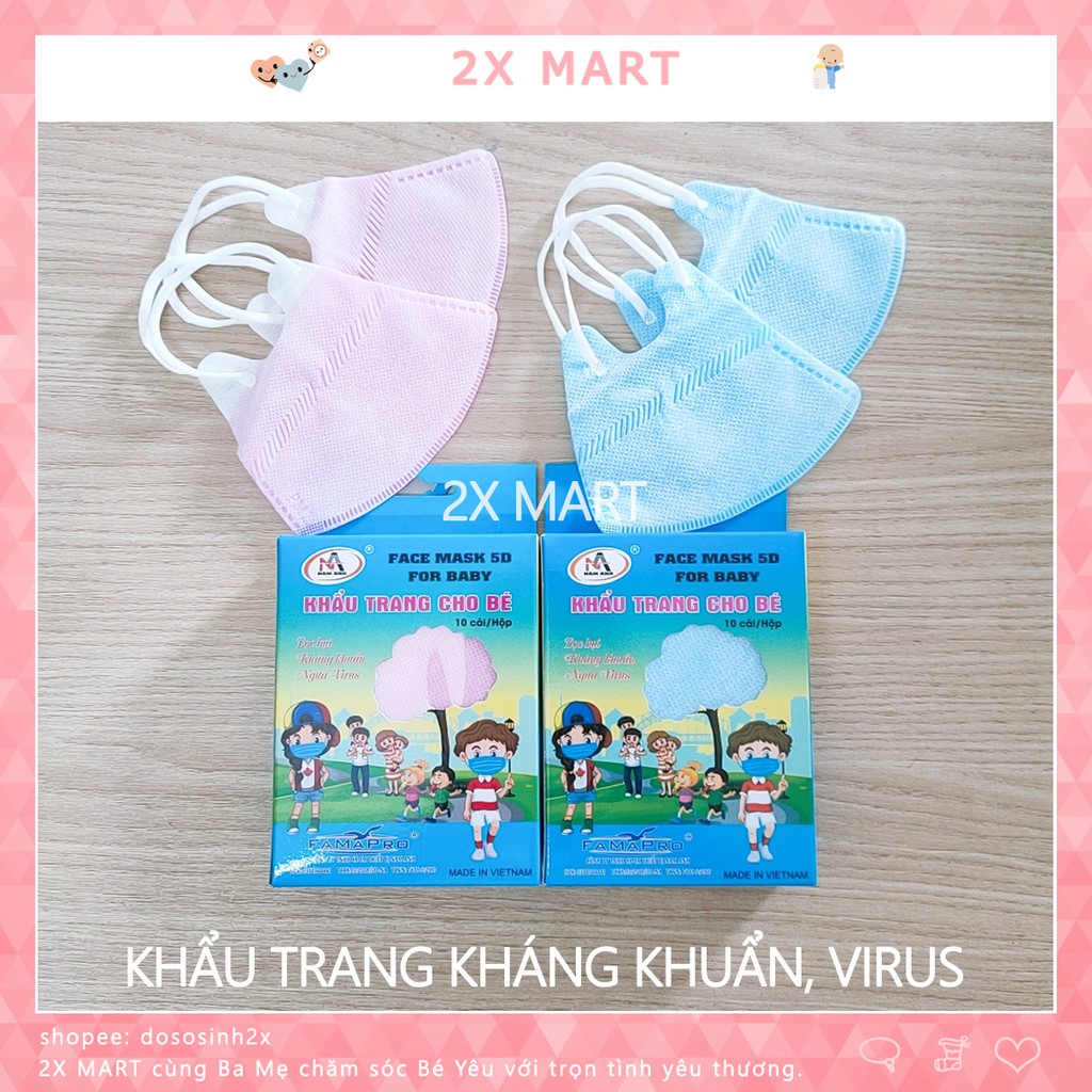 Hộp 10 Khẩu Trang Cho Bé 5D FACE MASK Kháng Khuẩn, Ngăn ngừa Bụi Mịn, Hoá Chất Độc Hại Cho Các Bé - 2X MART